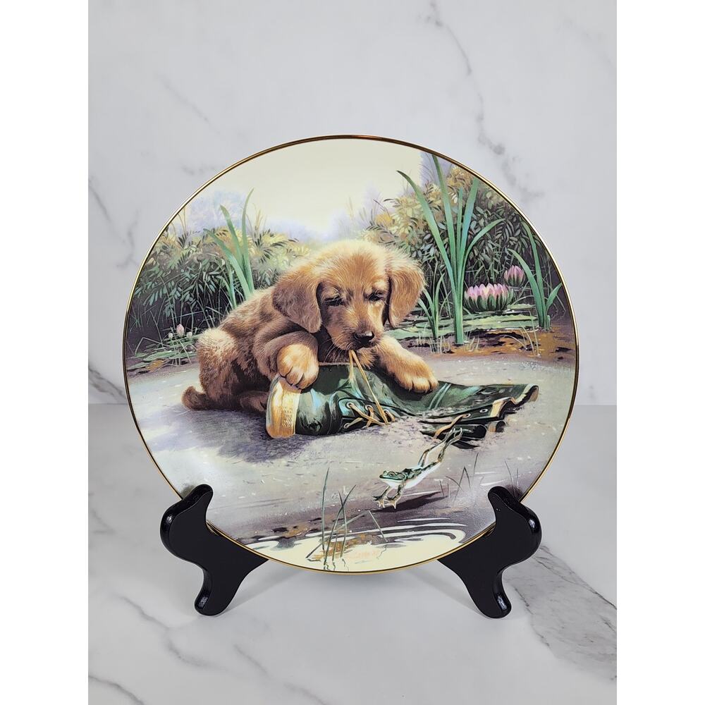 Catch Of The Day Puppy Playtime Dog Year 1987 Porcelain 8 1/2" Plate Wall Decor